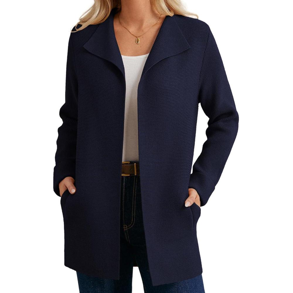 imageGRACE KARIN Women Long Cardigan Sweaters Fall Chunky Sweater Jacket Ribbed Knit Lapel Coatigan with PocketsNavy Blue