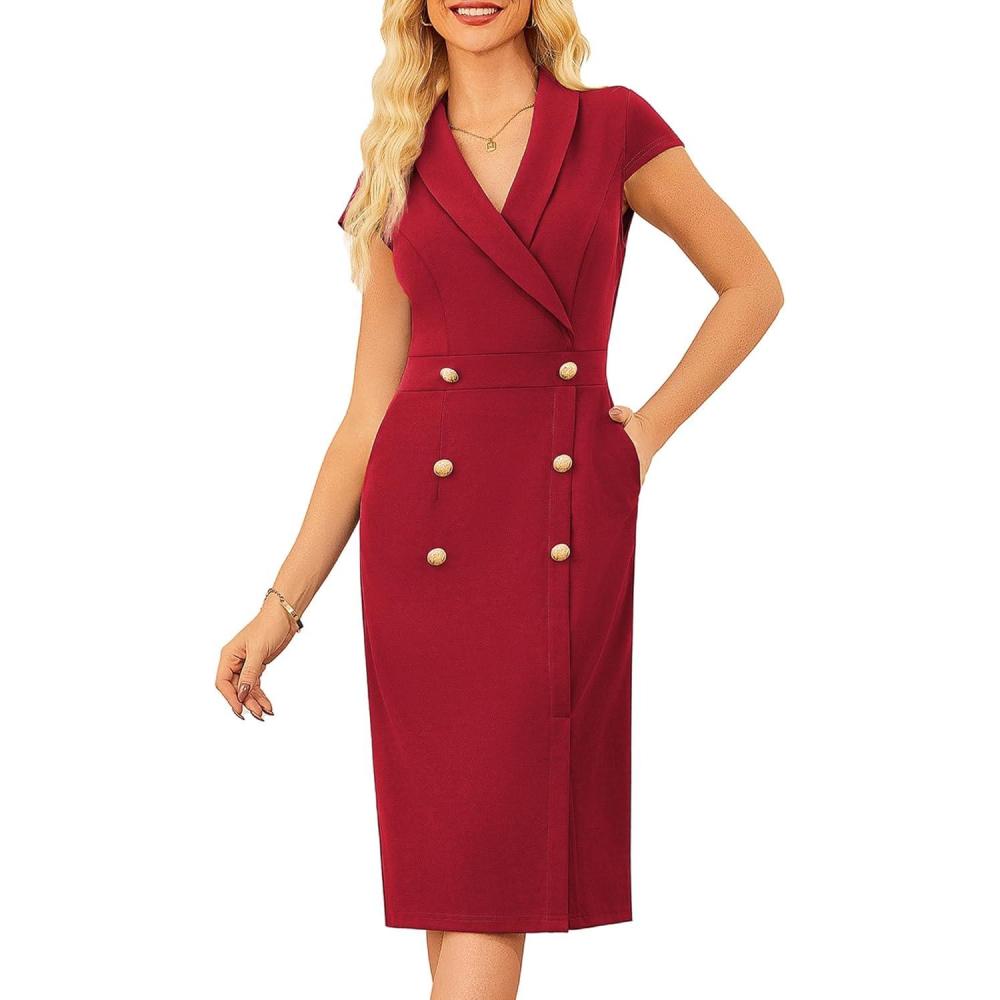 imageGRACE KARIN Women Work Bodycon Dresses 2026Business Office Midi Cap Sleeve Button Pencil Formal Outfits with PocketsRed