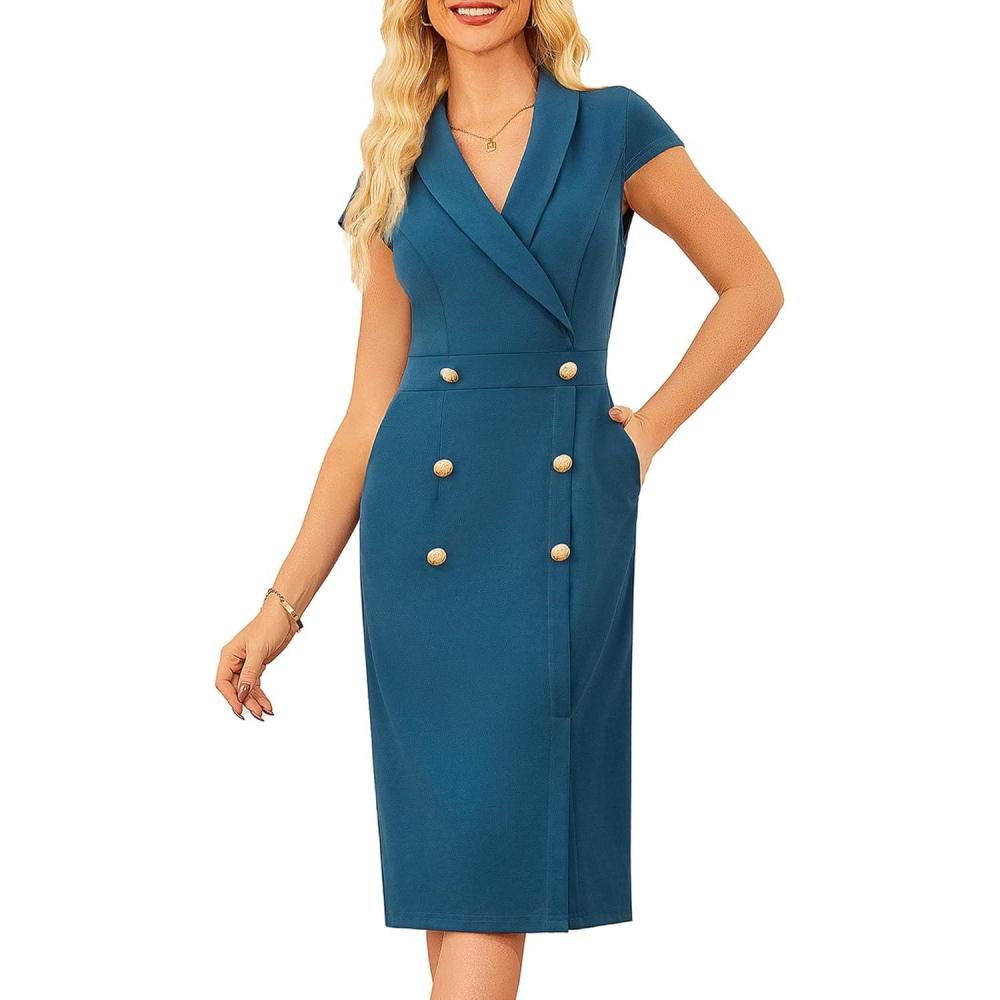 imageGRACE KARIN Women Work Bodycon Dresses 2026Business Office Midi Cap Sleeve Button Pencil Formal Outfits with PocketsTeal