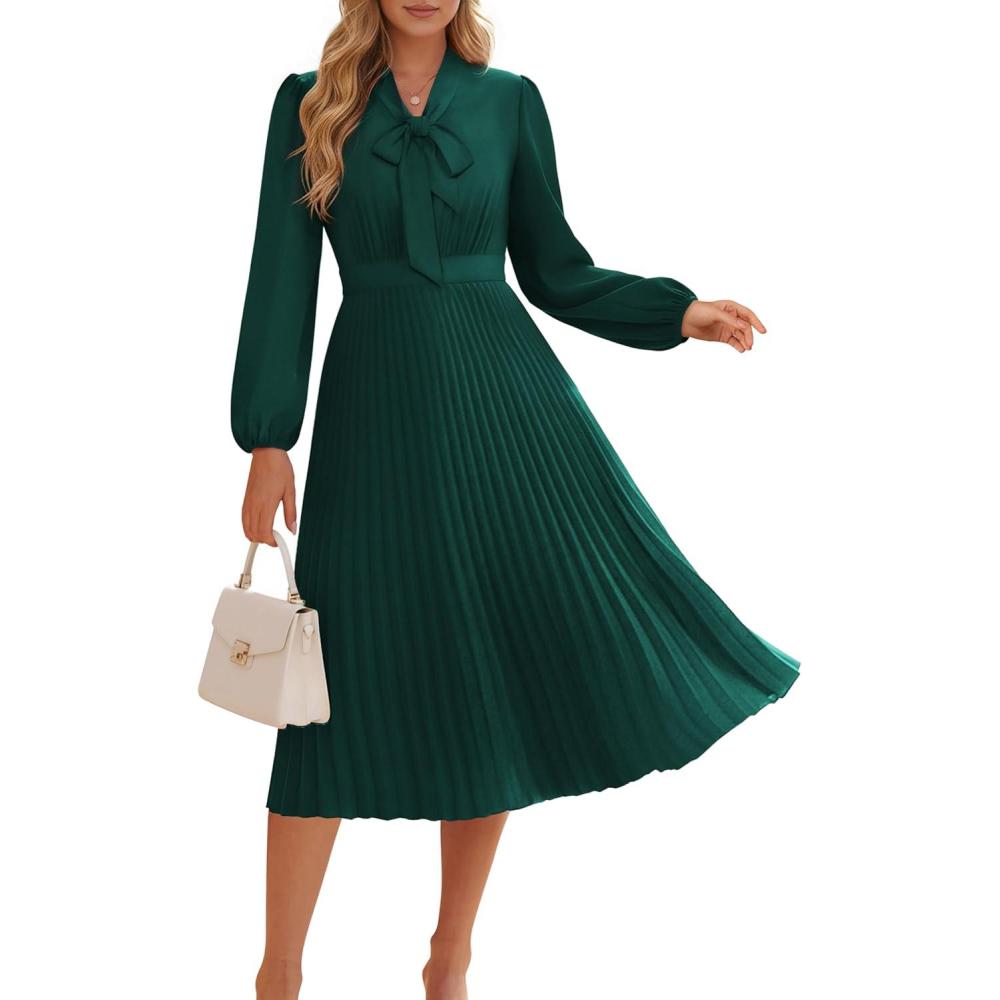 imageGRACE KARIN Womens 2025 Fall Long Sleeve Dress Casual V Neck Pleated A Line Flowy Midi DressesDark Green
