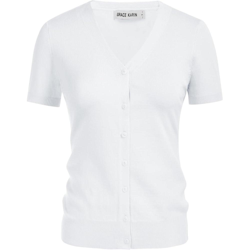 imageGRACE KARIN Womens 2026 Basic Summer Short Sleeve Cardigan Sweaters Lightweight VNeck Button Down Cropped Shrug Sweater TopsBright White