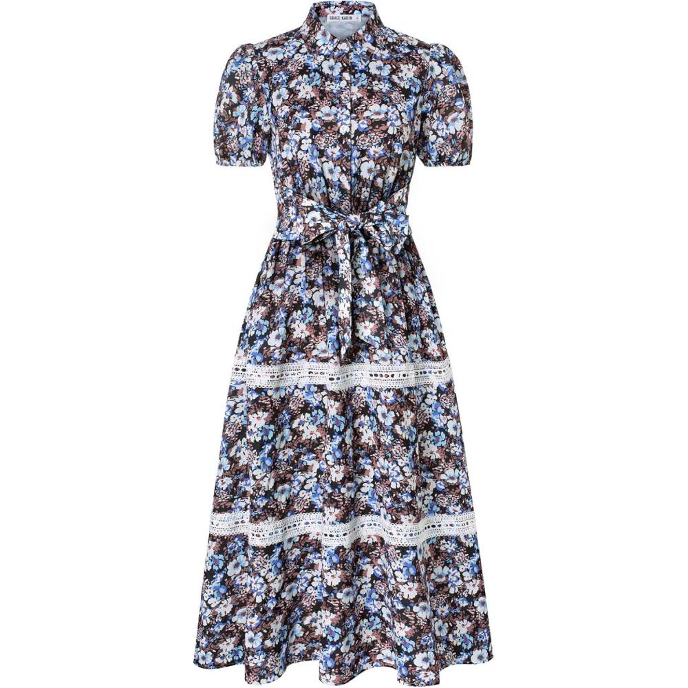 imageGRACE KARIN Womens 2026 Summer Floral Flowy Dresses Boho Tie Belt Short Puff Sleeve A Line Maxi Shirt Dress with PocketBlack Blue