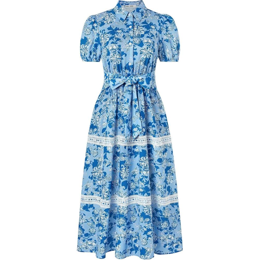 imageGRACE KARIN Womens 2026 Summer Floral Flowy Dresses Boho Tie Belt Short Puff Sleeve A Line Maxi Shirt Dress with PocketBlue Floral