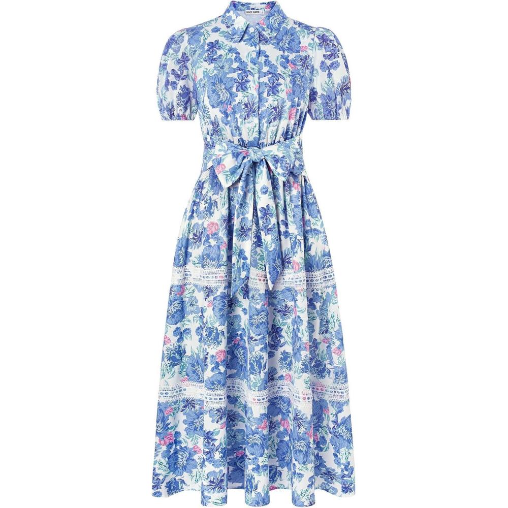 imageGRACE KARIN Womens 2026 Summer Floral Flowy Dresses Boho Tie Belt Short Puff Sleeve A Line Maxi Shirt Dress with PocketBlue Pink