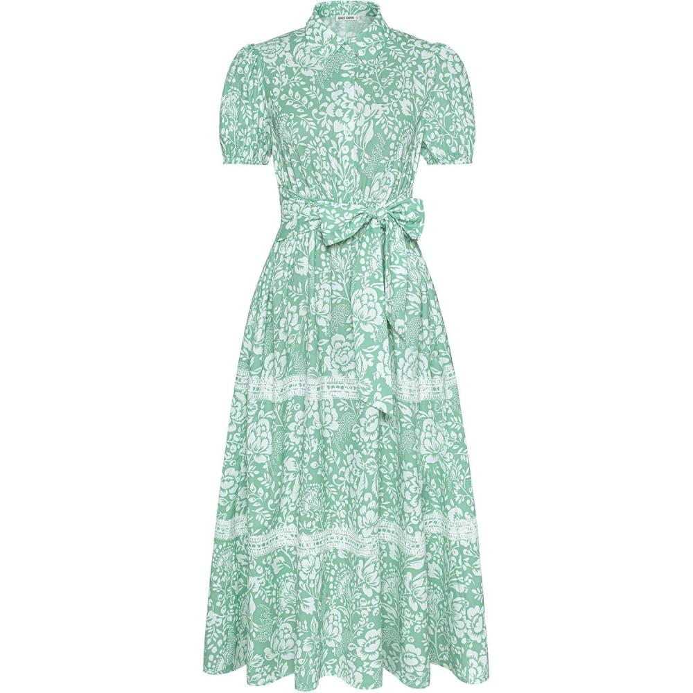 imageGRACE KARIN Womens 2026 Summer Floral Flowy Dresses Boho Tie Belt Short Puff Sleeve A Line Maxi Shirt Dress with PocketGreen White
