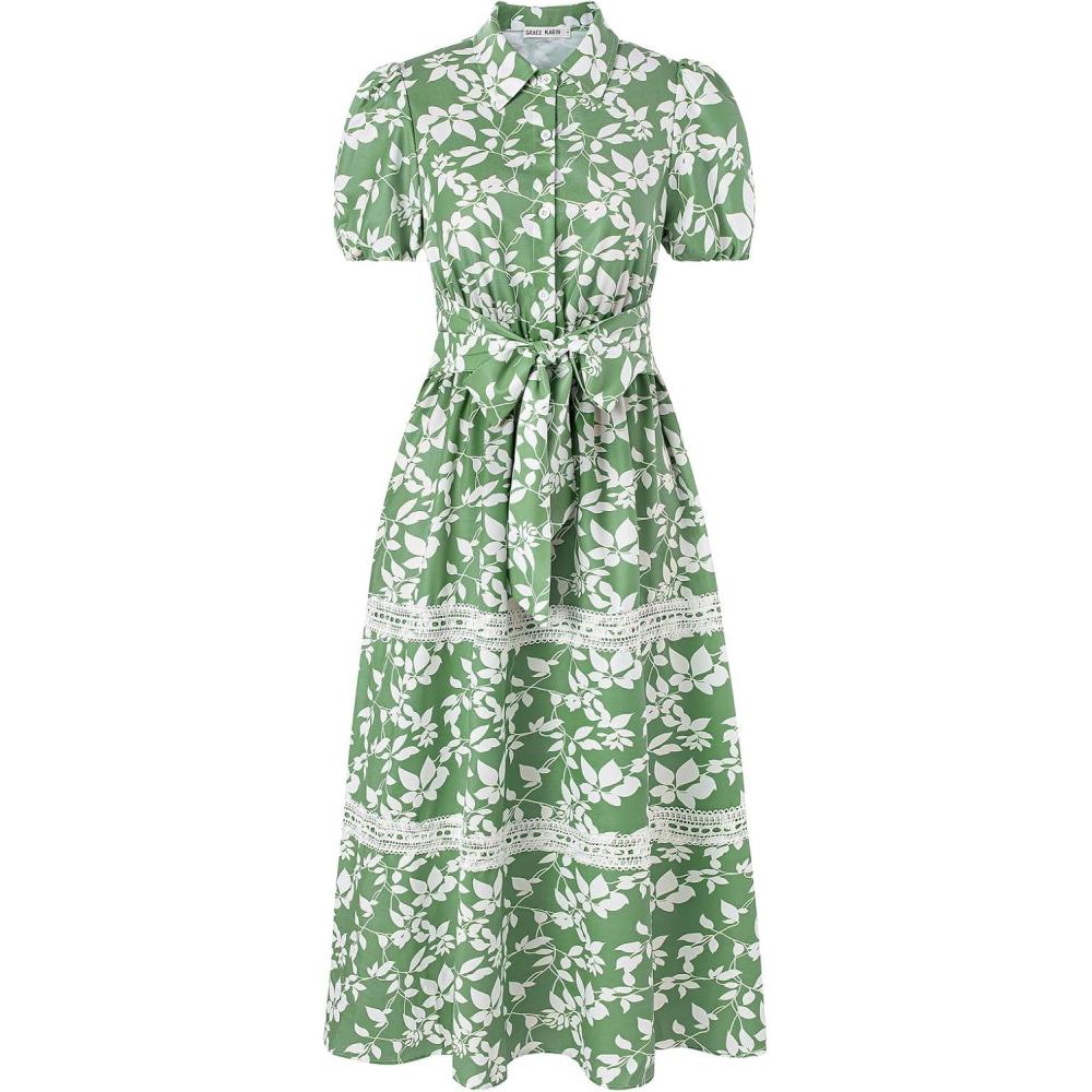 imageGRACE KARIN Womens 2026 Summer Floral Flowy Dresses Boho Tie Belt Short Puff Sleeve A Line Maxi Shirt Dress with PocketGreen White Leaf