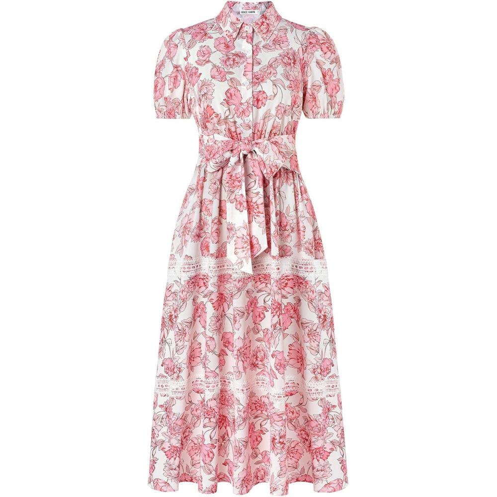 imageGRACE KARIN Womens 2026 Summer Floral Flowy Dresses Boho Tie Belt Short Puff Sleeve A Line Maxi Shirt Dress with PocketPink Floral