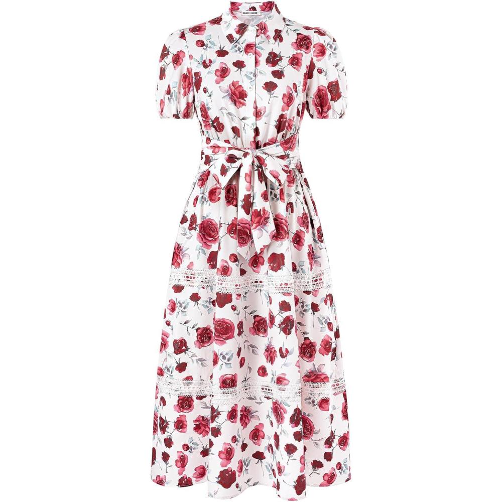 imageGRACE KARIN Womens 2026 Summer Floral Flowy Dresses Boho Tie Belt Short Puff Sleeve A Line Maxi Shirt Dress with PocketRose