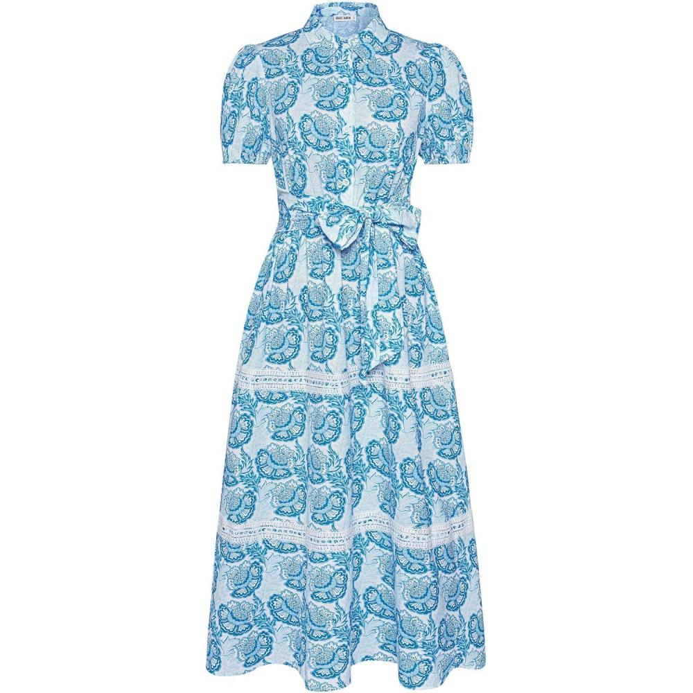 imageGRACE KARIN Womens 2026 Summer Floral Flowy Dresses Boho Tie Belt Short Puff Sleeve A Line Maxi Shirt Dress with PocketWhite Blue
