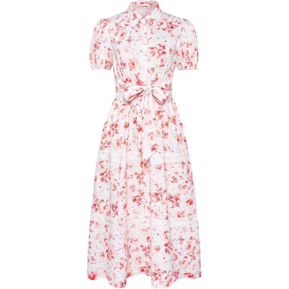 imageGRACE KARIN Womens 2026 Summer Floral Flowy Dresses Boho Tie Belt Short Puff Sleeve A Line Maxi Shirt Dress with PocketWhite Pink