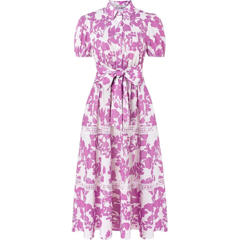 imageGRACE KARIN Womens 2026 Summer Floral Flowy Dresses Boho Tie Belt Short Puff Sleeve A Line Maxi Shirt Dress with PocketWhite Purple