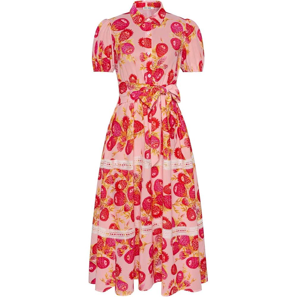 imageGRACE KARIN Womens 2026 Summer Floral Flowy Dresses Boho Tie Belt Short Puff Sleeve A Line Maxi Shirt Dress with PocketWhite Red