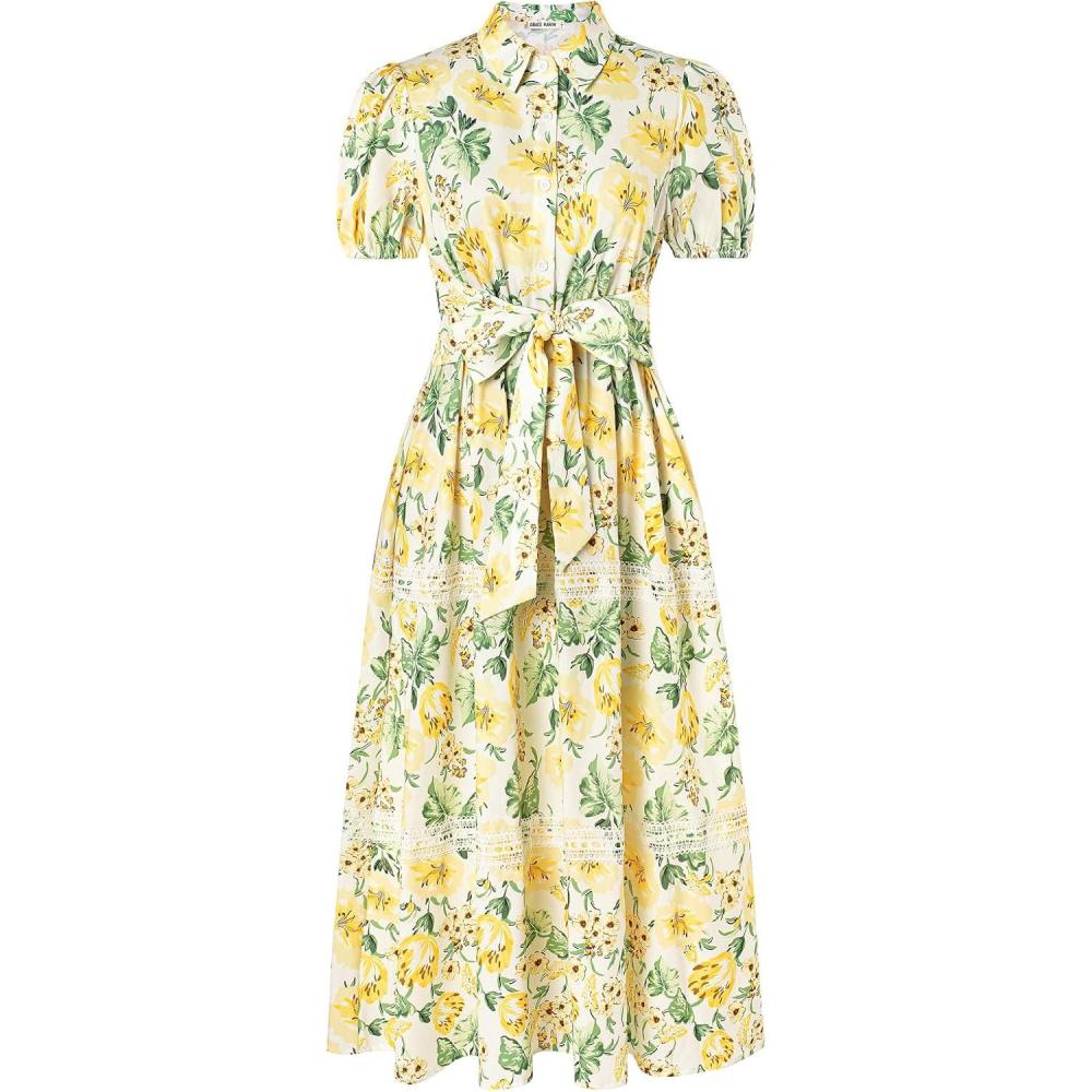 imageGRACE KARIN Womens 2026 Summer Floral Flowy Dresses Boho Tie Belt Short Puff Sleeve A Line Maxi Shirt Dress with PocketYellow Green
