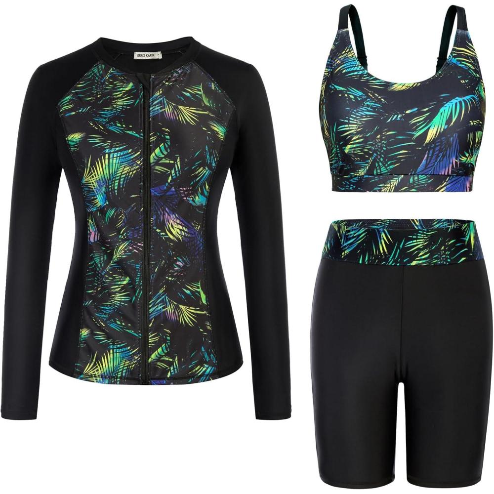 imageGRACE KARIN Womens 3 Piece Rash Guard Builtin Bra Long Sleeve UV Sun Protection Swimsuit Zip up Swim Top Shirt ModestBlack