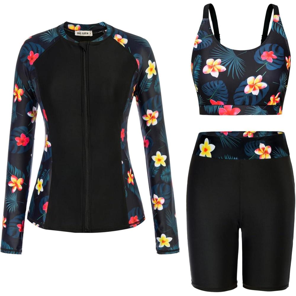 imageGRACE KARIN Womens 3 Piece Rash Guard Builtin Bra Long Sleeve UV Sun Protection Swimsuit Zip up Swim Top Shirt ModestBlack2
