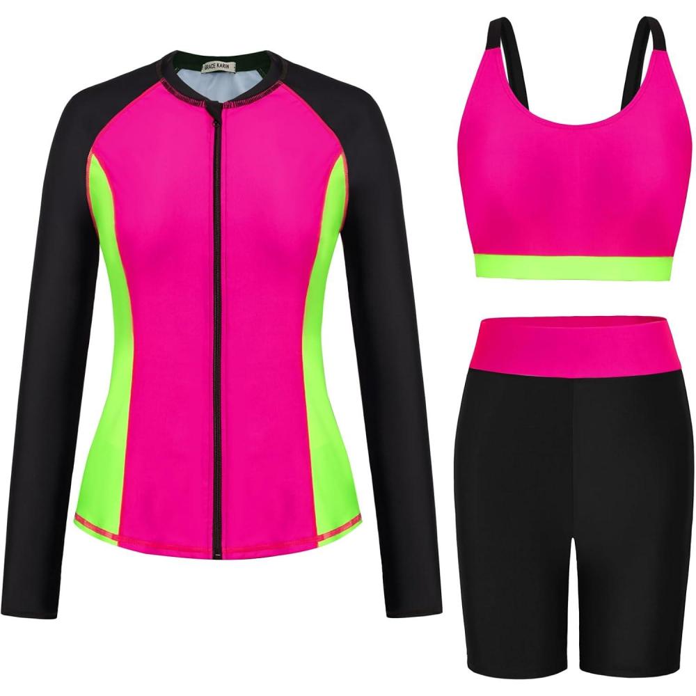 imageGRACE KARIN Womens 3 Piece Rash Guard Builtin Bra Long Sleeve UV Sun Protection Swimsuit Zip up Swim Top Shirt ModestContrastrose Red