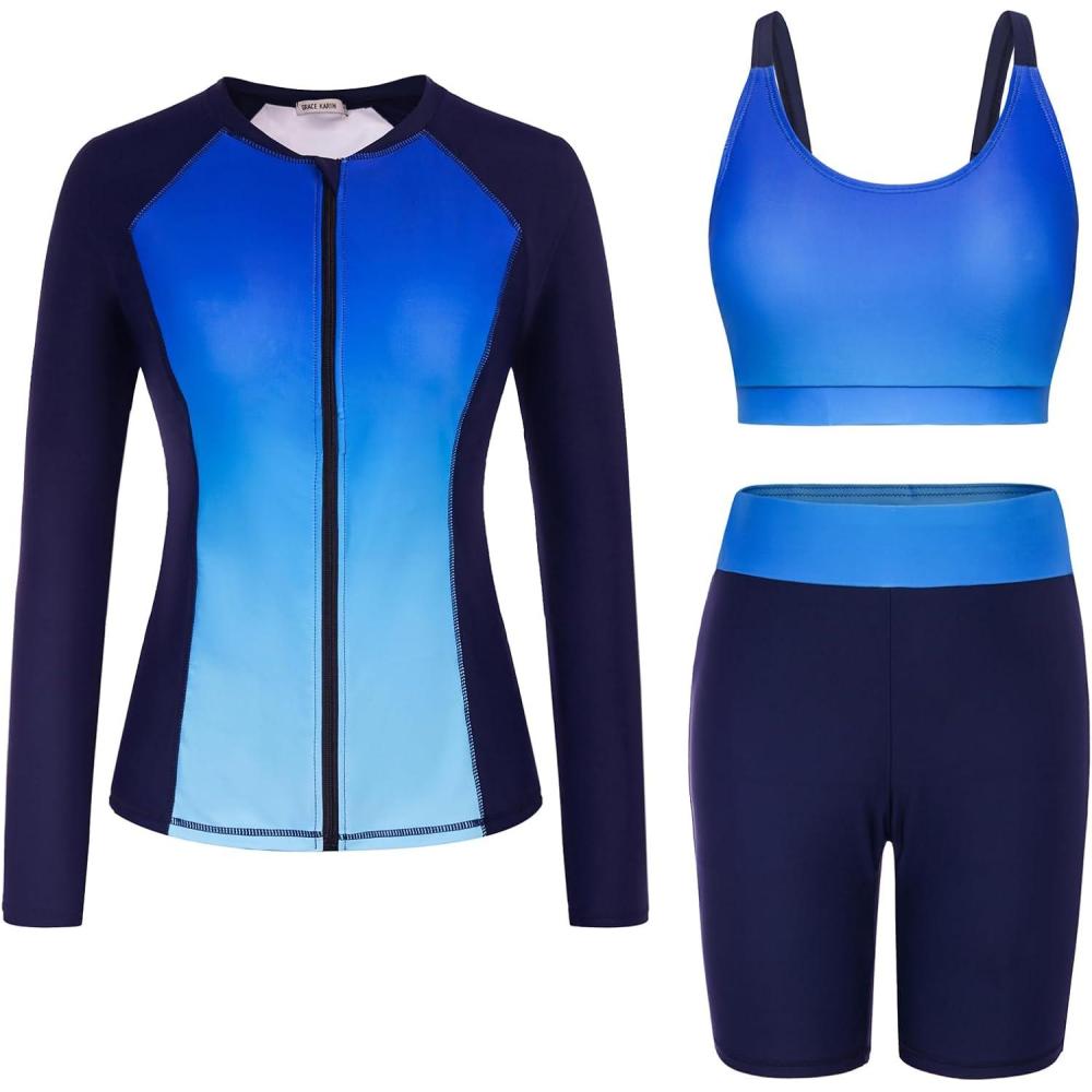 imageGRACE KARIN Womens 3 Piece Rash Guard Builtin Bra Long Sleeve UV Sun Protection Swimsuit Zip up Swim Top Shirt ModestGradient Blue