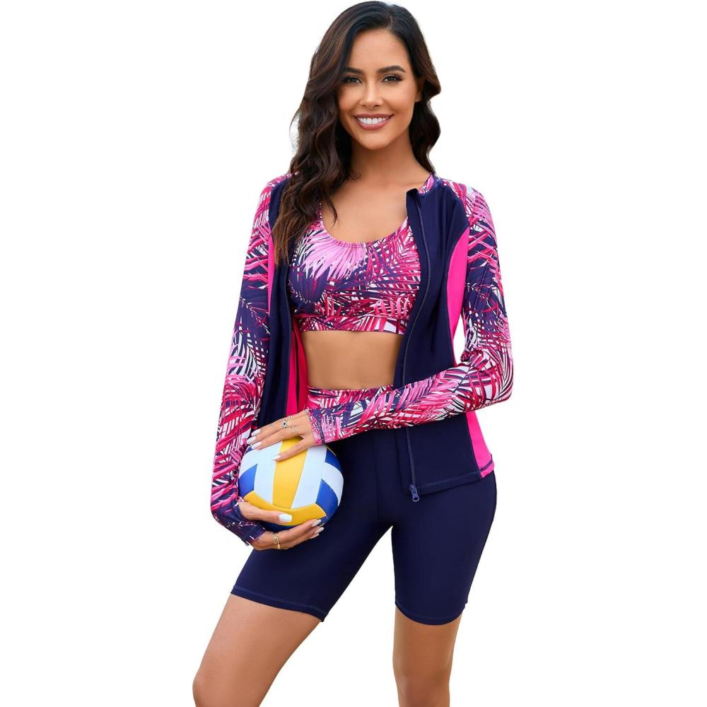 imageGRACE KARIN Womens 3 Piece Rash Guard Builtin Bra Long Sleeve UV Sun Protection Swimsuit Zip up Swim Top Shirt ModestRose Red1