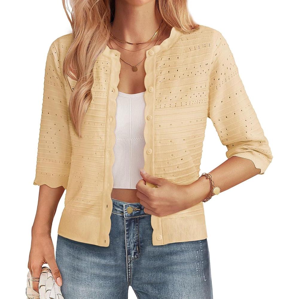 imageGRACE KARIN Womens 34 Sleeve Cardigan Lightweight Crochet Knit Sweater Button up Crewneck Dressy Casual ShrugsApricot