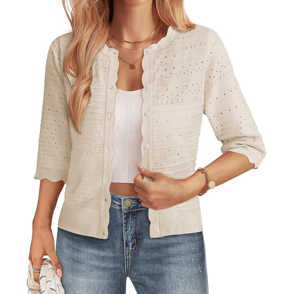 imageGRACE KARIN Womens 34 Sleeve Cardigan Lightweight Crochet Knit Sweater Button up Crewneck Dressy Casual ShrugsLight Apricot