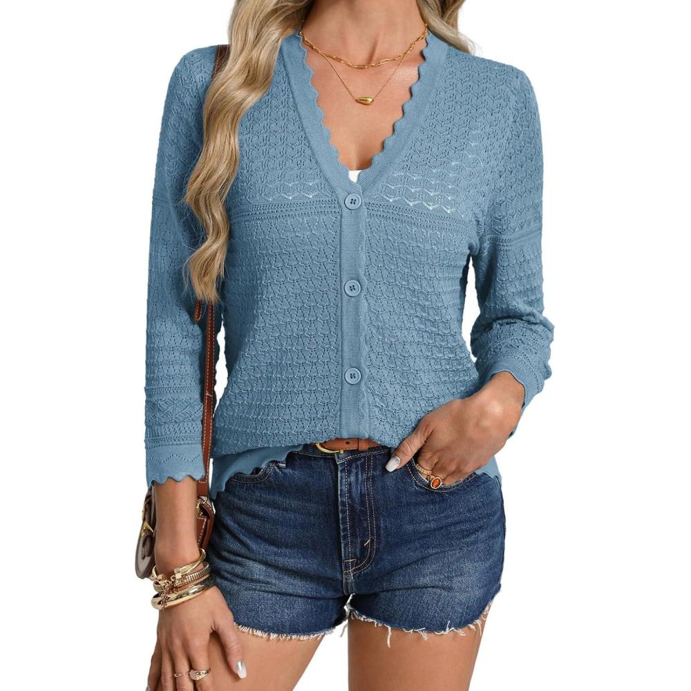 imageGRACE KARIN Womens 34 Sleeve Cardigan Lightweight Hollowed Crochet Shrug Trendy Summer Sweaters for Casual VacationBlue Grey