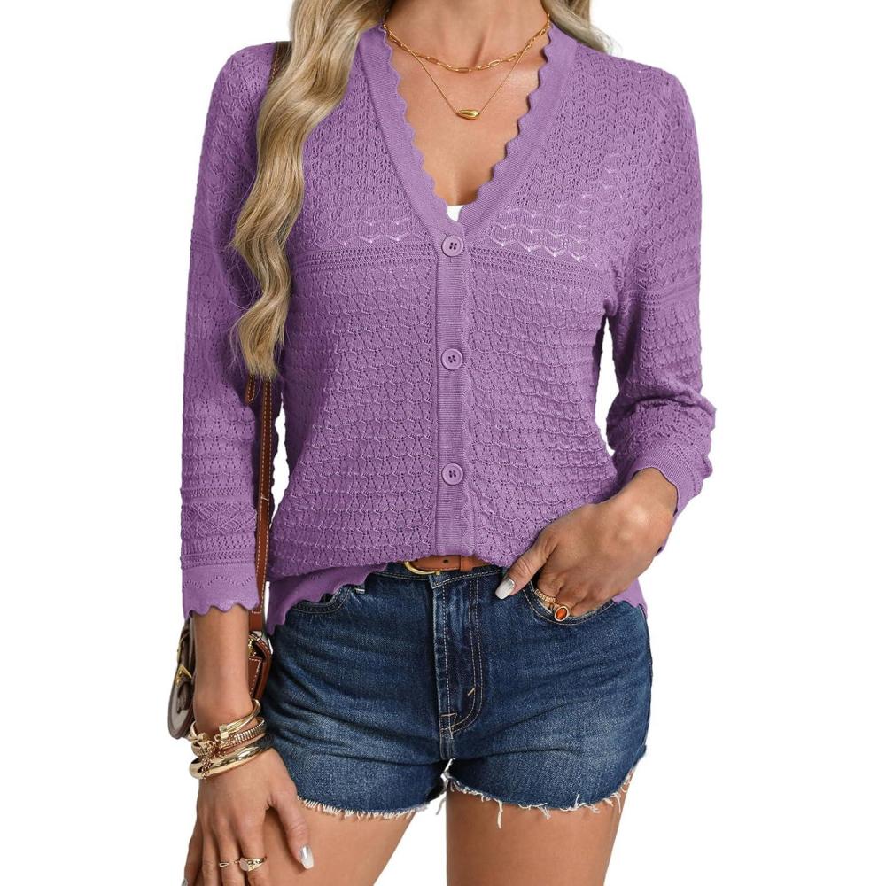 imageGRACE KARIN Womens 34 Sleeve Cardigan Lightweight Hollowed Crochet Shrug Trendy Summer Sweaters for Casual VacationPurple