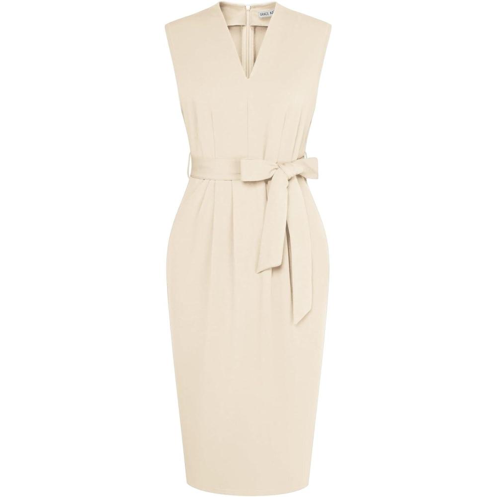 imageGRACE KARIN Womens Business Dresses Sleeveless V Neck Bodycon Sheath Dress Zipper Up Office Work Dress with PocketsApricot