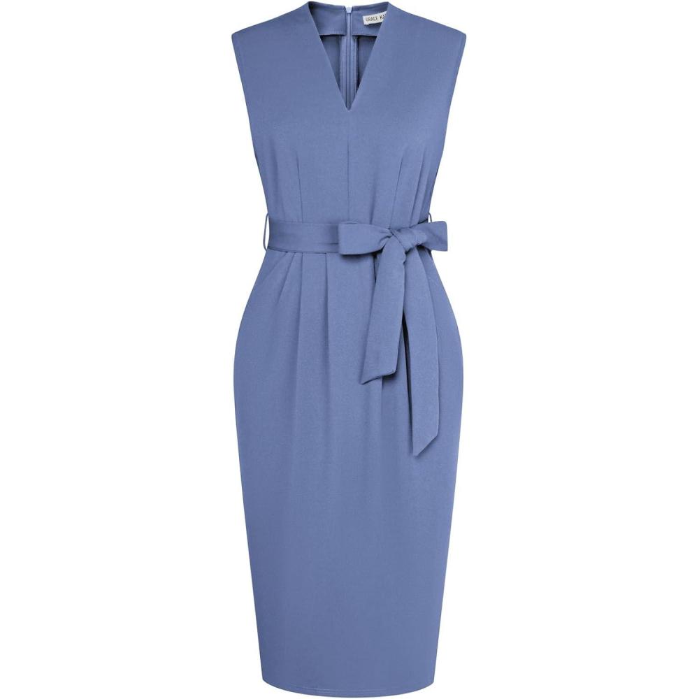 imageGRACE KARIN Womens Business Dresses Sleeveless V Neck Bodycon Sheath Dress Zipper Up Office Work Dress with PocketsBlue Grey