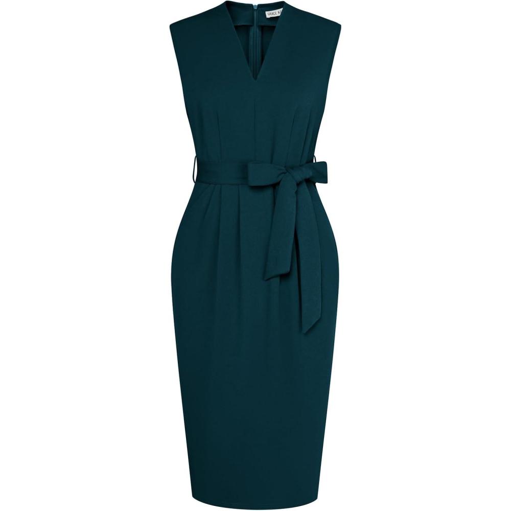 imageGRACE KARIN Womens Business Dresses Sleeveless V Neck Bodycon Sheath Dress Zipper Up Office Work Dress with PocketsDeep Green