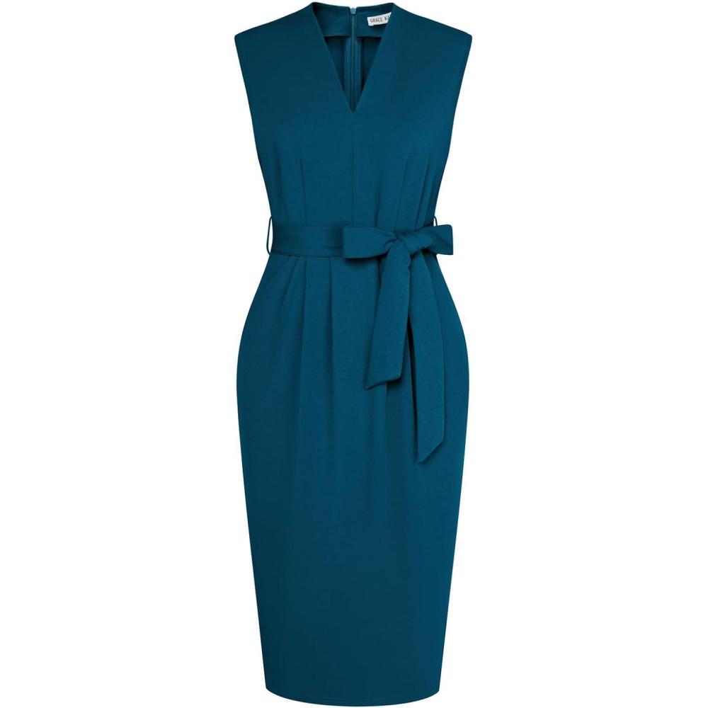 imageGRACE KARIN Womens Business Dresses Sleeveless V Neck Bodycon Sheath Dress Zipper Up Office Work Dress with PocketsPeacock