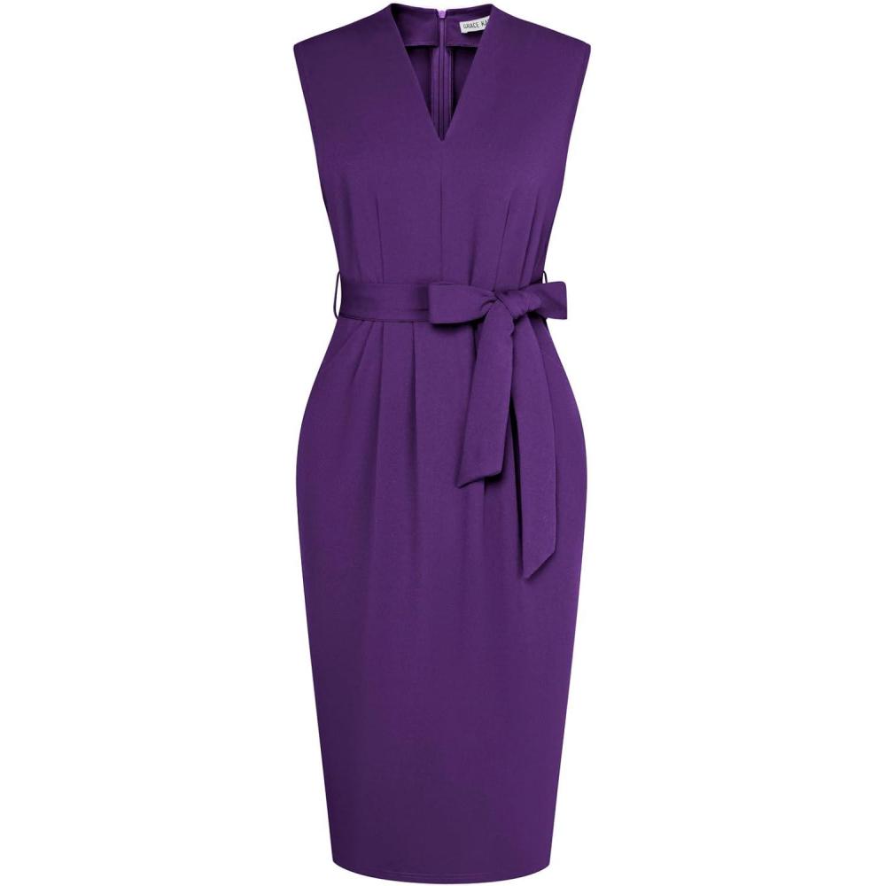 imageGRACE KARIN Womens Business Dresses Sleeveless V Neck Bodycon Sheath Dress Zipper Up Office Work Dress with PocketsPurple