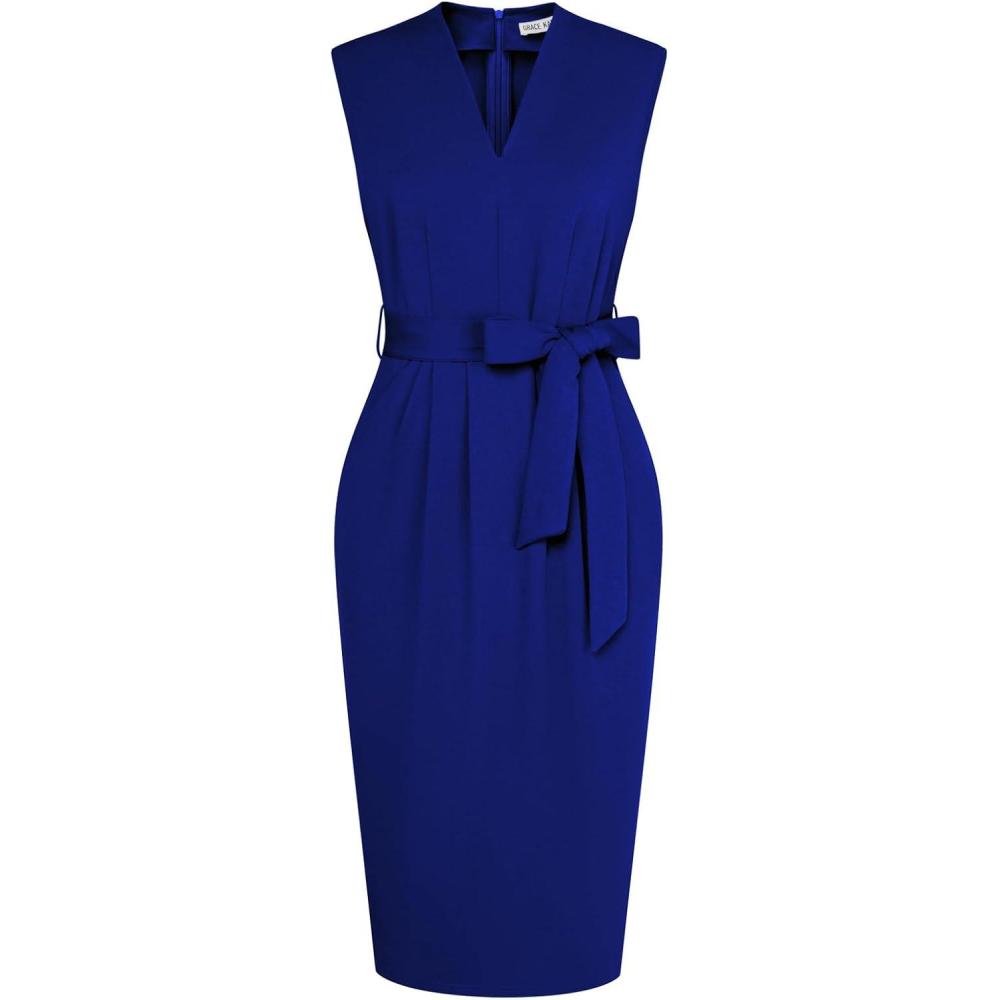 imageGRACE KARIN Womens Business Dresses Sleeveless V Neck Bodycon Sheath Dress Zipper Up Office Work Dress with PocketsRoyal Blue