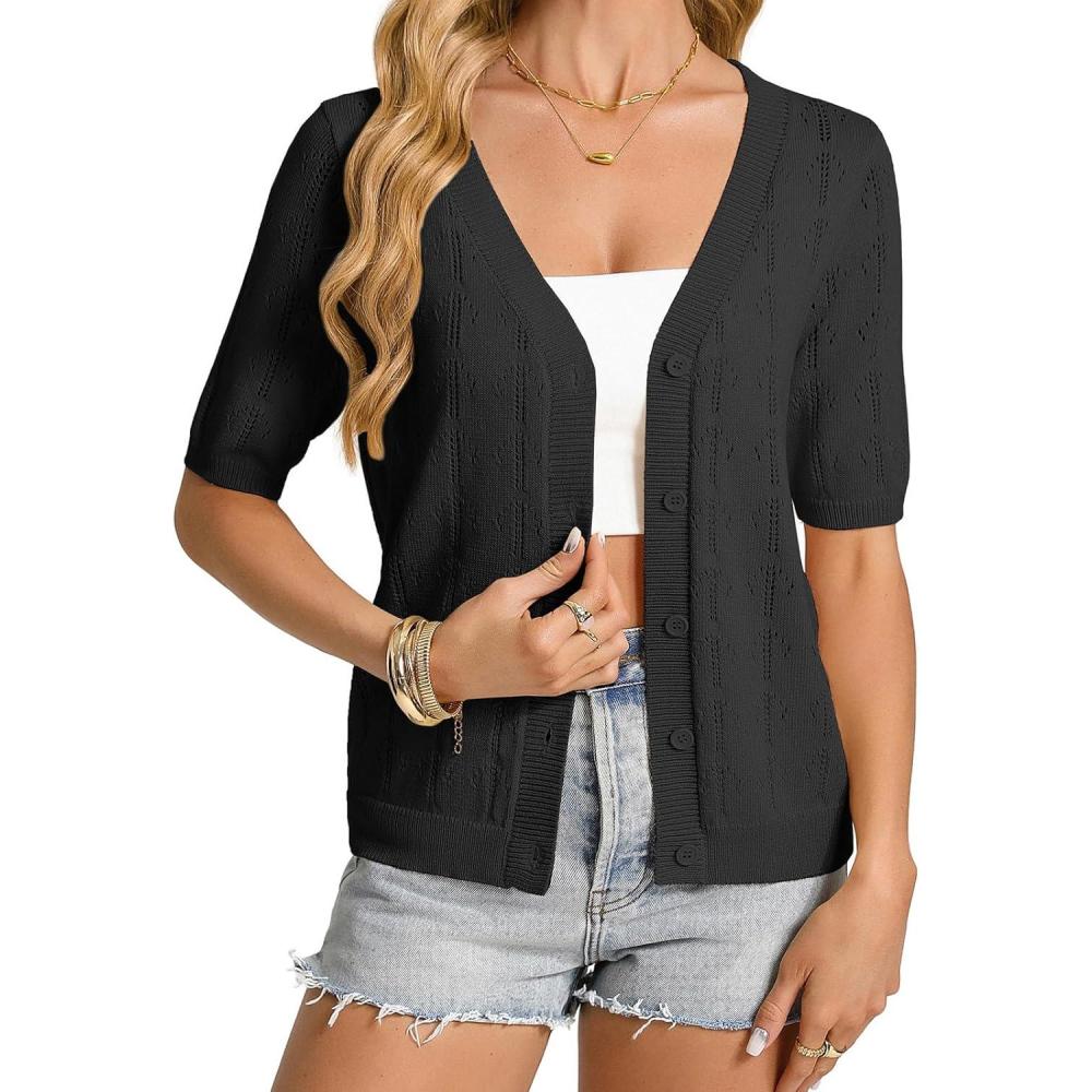 imageGRACE KARIN Womens Cardigan Sweaters Short Sleeve Summer Lightweight Crochet V Neck Cropped Knit Bolero Shrugs 2026Black