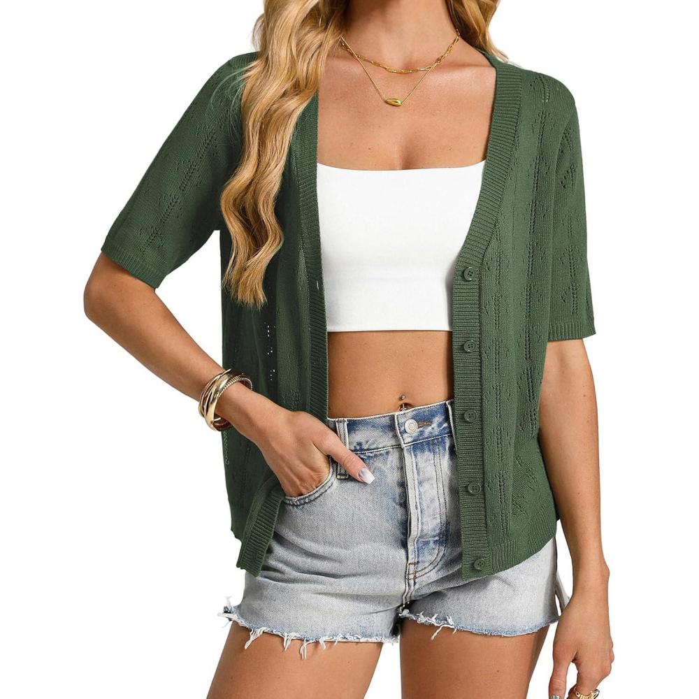 imageGRACE KARIN Womens Cardigan Sweaters Short Sleeve Summer Lightweight Crochet V Neck Cropped Knit Bolero Shrugs 2026Green
