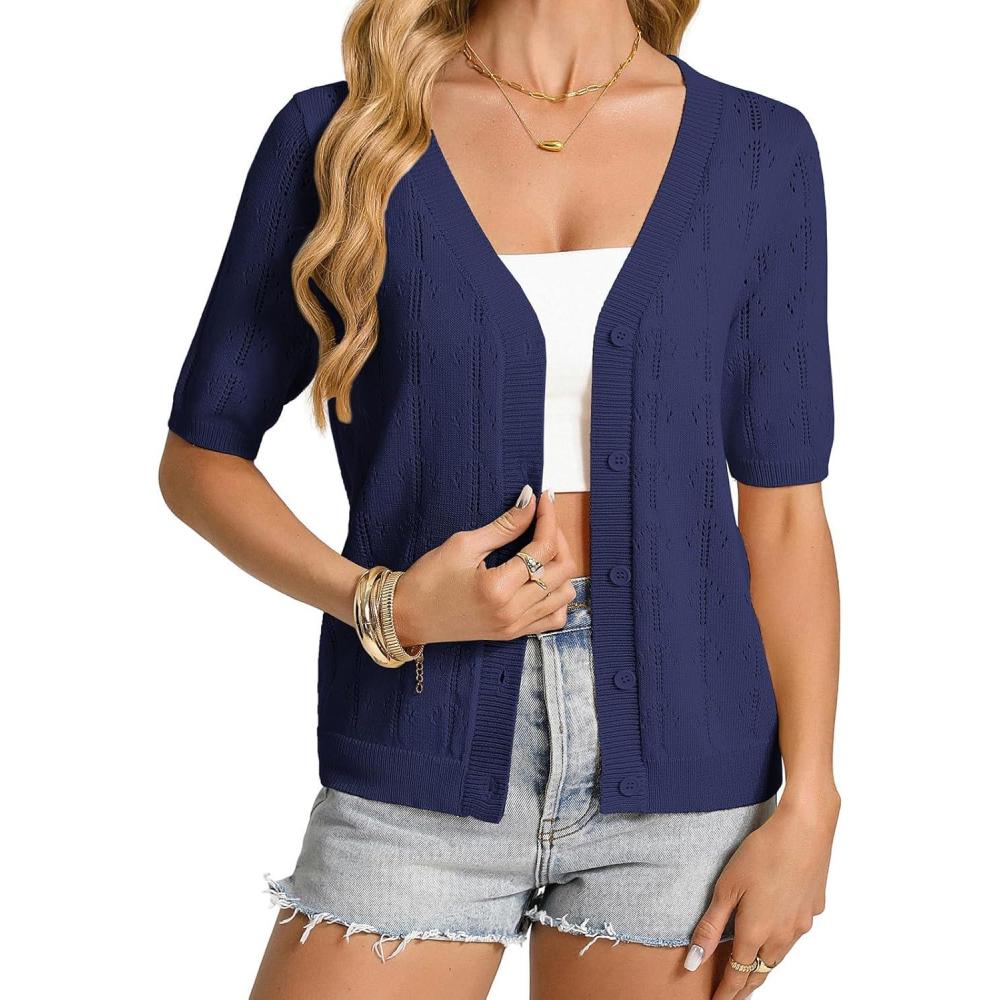 imageGRACE KARIN Womens Cardigan Sweaters Short Sleeve Summer Lightweight Crochet V Neck Cropped Knit Bolero Shrugs 2026Navy Blue