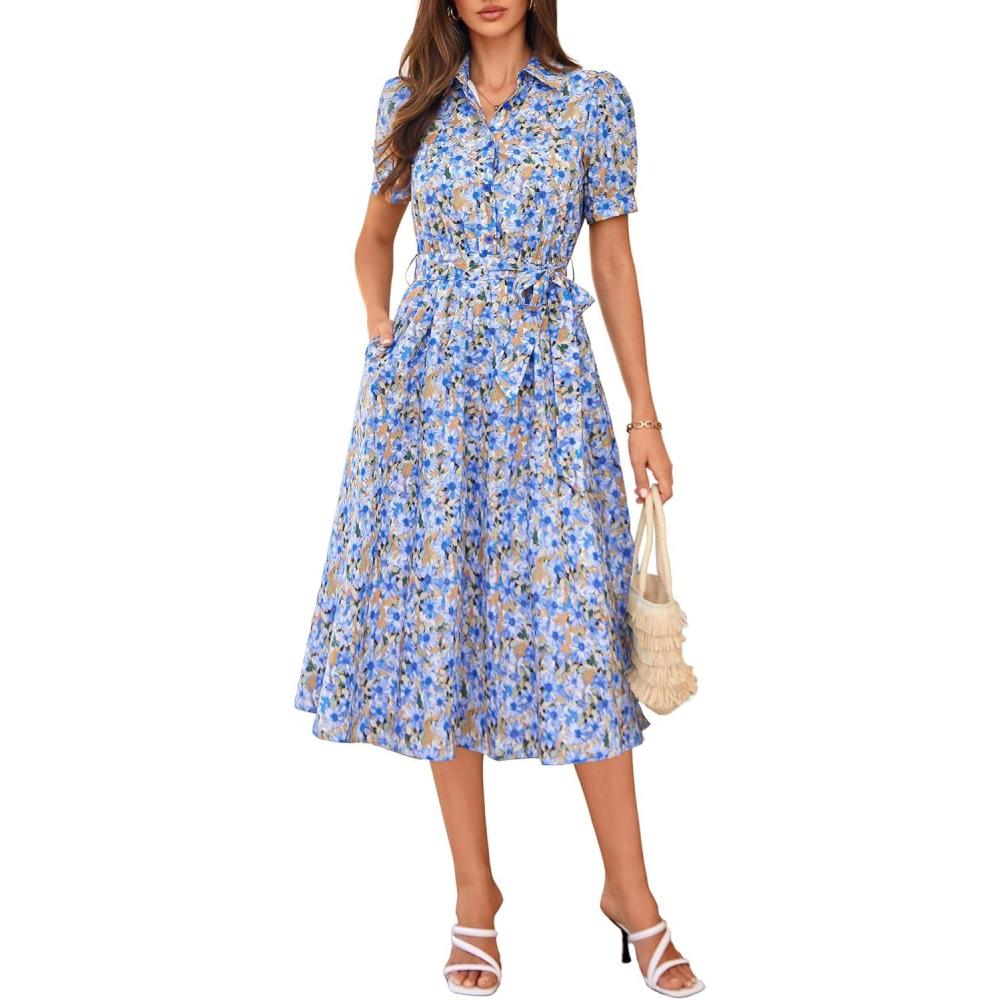 imageGRACE KARIN Womens Cotton Summer Boho Midi Dresses 2026 Puff Sleeve Shirt Dress Flowy Floral Wedding Guest Dress with PocketBlue Orange