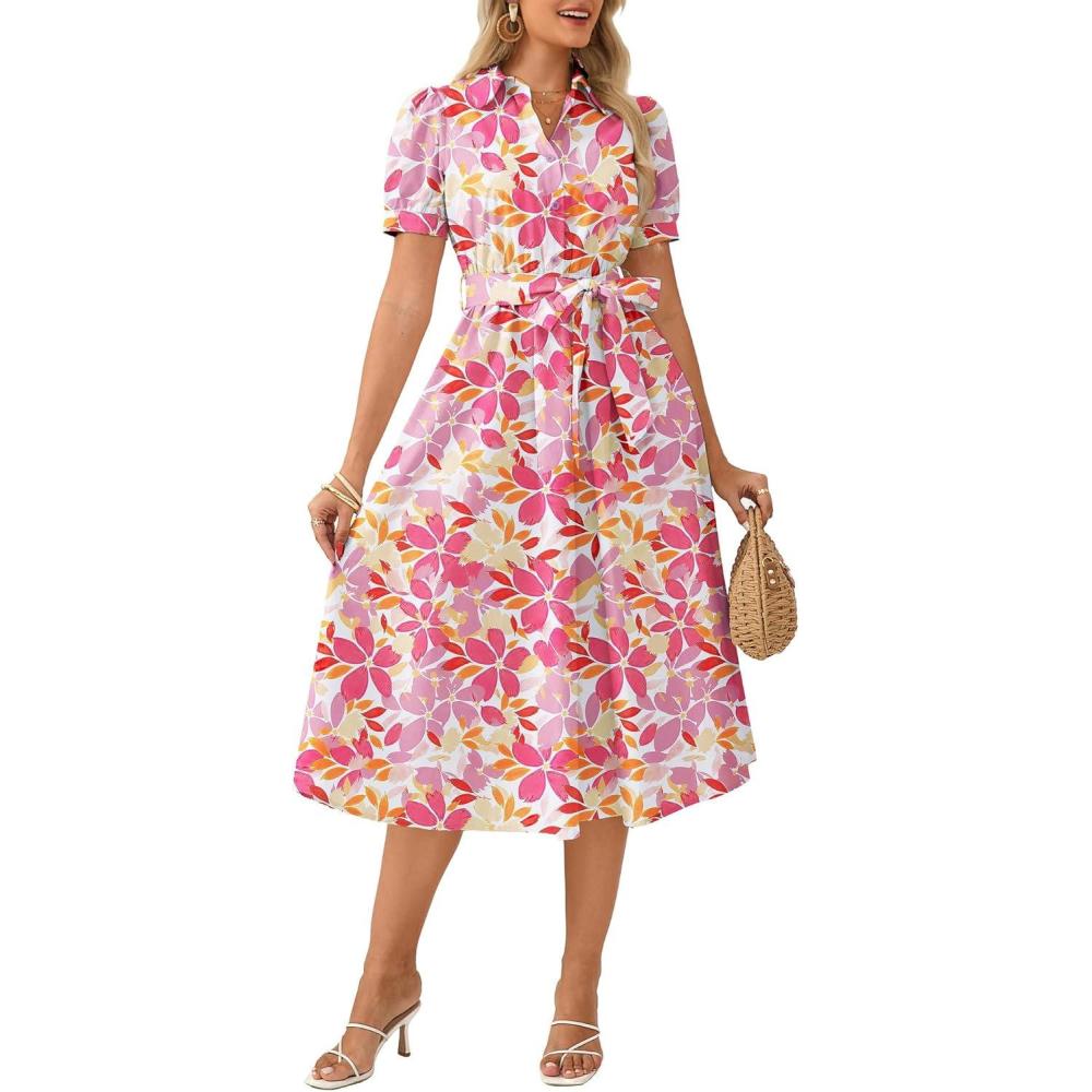 imageGRACE KARIN Womens Cotton Summer Boho Midi Dresses 2026 Puff Sleeve Shirt Dress Flowy Floral Wedding Guest Dress with PocketPink Purple