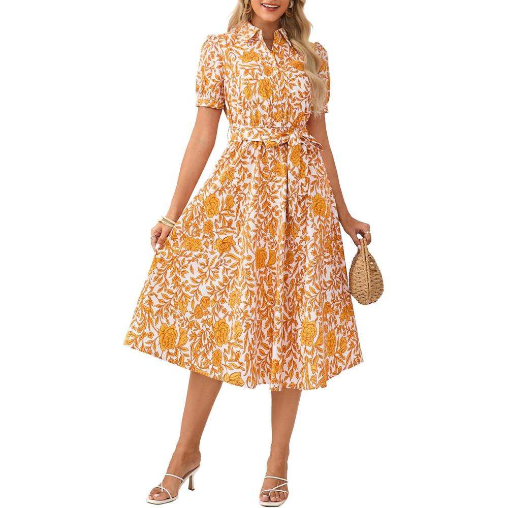 imageGRACE KARIN Womens Cotton Summer Boho Midi Dresses 2026 Puff Sleeve Shirt Dress Flowy Floral Wedding Guest Dress with PocketWhite Yellow