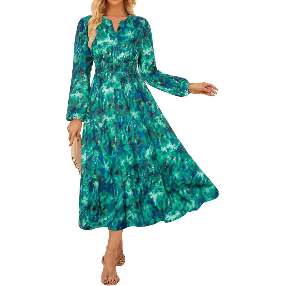 imageGRACE KARIN Womens Floral Maxi Dress 2026 Spring Wedding Guest Dress Long Sleeve V Neck Boho A Line Flowy Dresses with PocketGreen Floral
