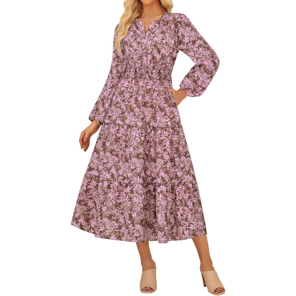 imageGRACE KARIN Womens Floral Maxi Dress 2026 Spring Wedding Guest Dress Long Sleeve V Neck Boho A Line Flowy Dresses with PocketPink Floral