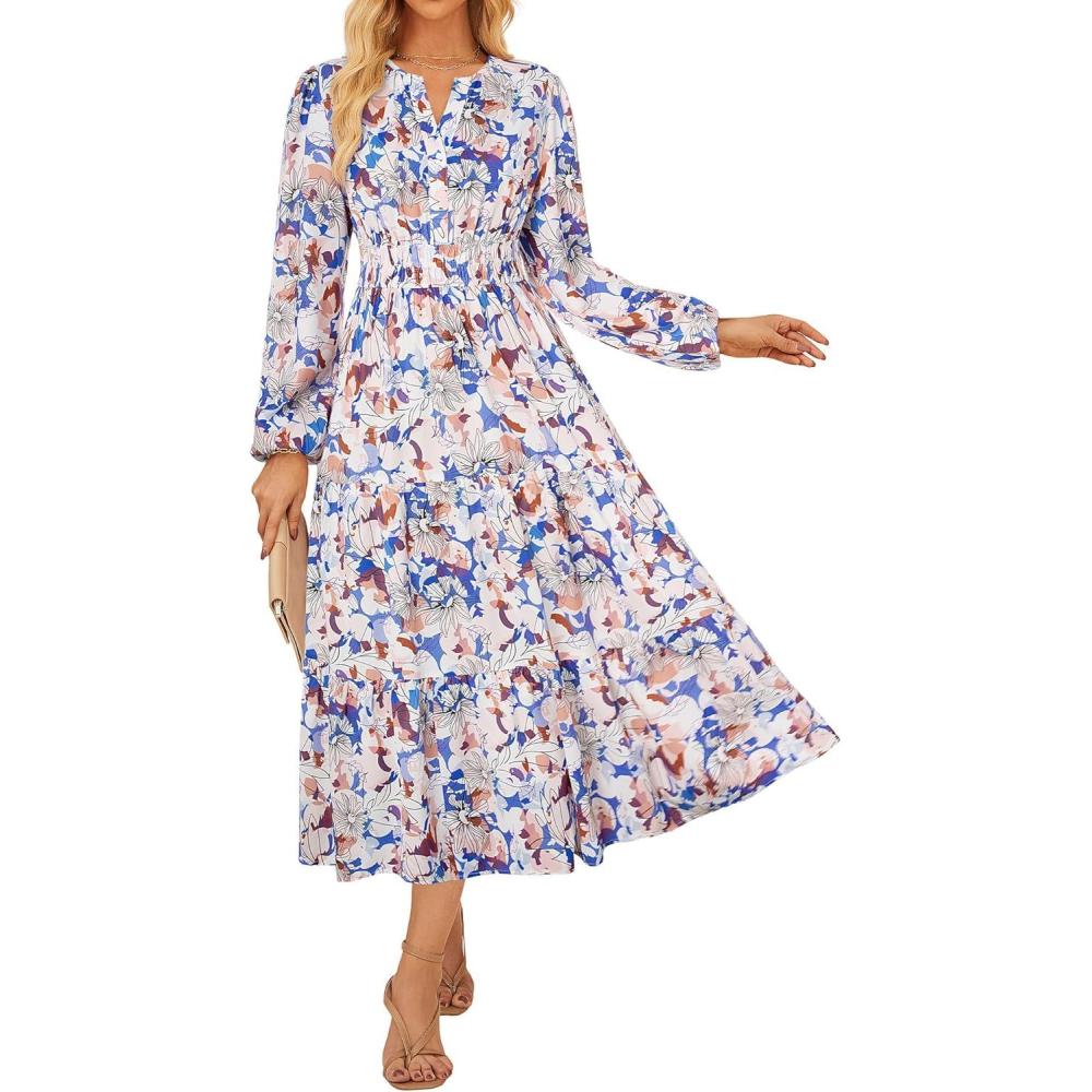 imageGRACE KARIN Womens Floral Maxi Dress 2026 Spring Wedding Guest Dress Long Sleeve V Neck Boho A Line Flowy Dresses with PocketSkybule White Floral