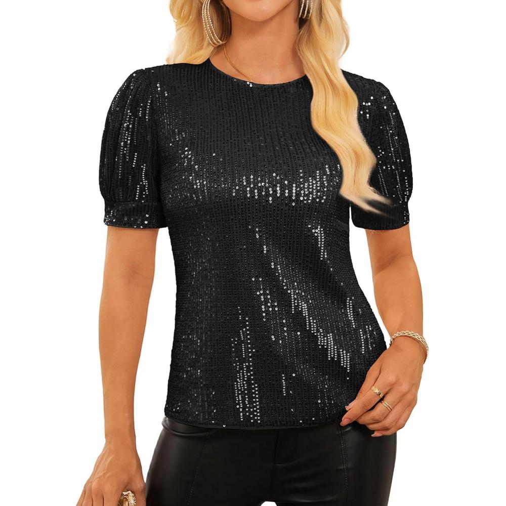 imageGRACE KARIN Womens Full Sequin Tops Sparkle Glitter Blouses Lantern Short Sleeve Shirts Dressy Party Concert OutfitsBlack