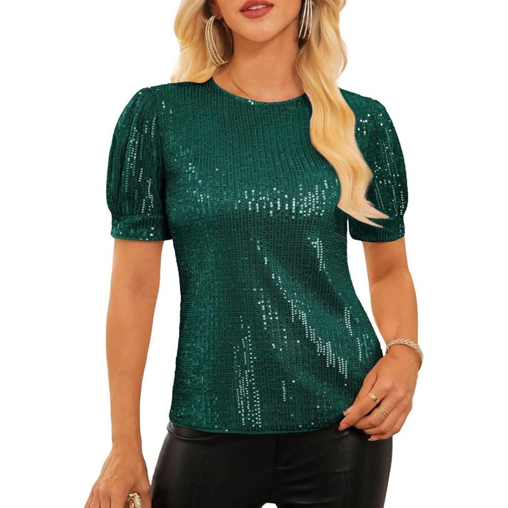imageGRACE KARIN Womens Full Sequin Tops Sparkle Glitter Blouses Lantern Short Sleeve Shirts Dressy Party Concert OutfitsDark Green