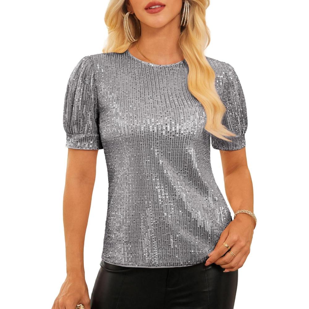 imageGRACE KARIN Womens Full Sequin Tops Sparkle Glitter Blouses Lantern Short Sleeve Shirts Dressy Party Concert OutfitsSilver Gray