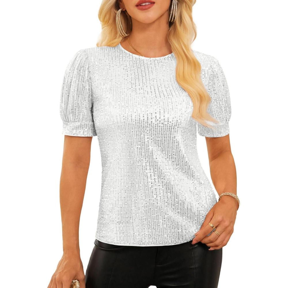 imageGRACE KARIN Womens Full Sequin Tops Sparkle Glitter Blouses Lantern Short Sleeve Shirts Dressy Party Concert OutfitsWhite