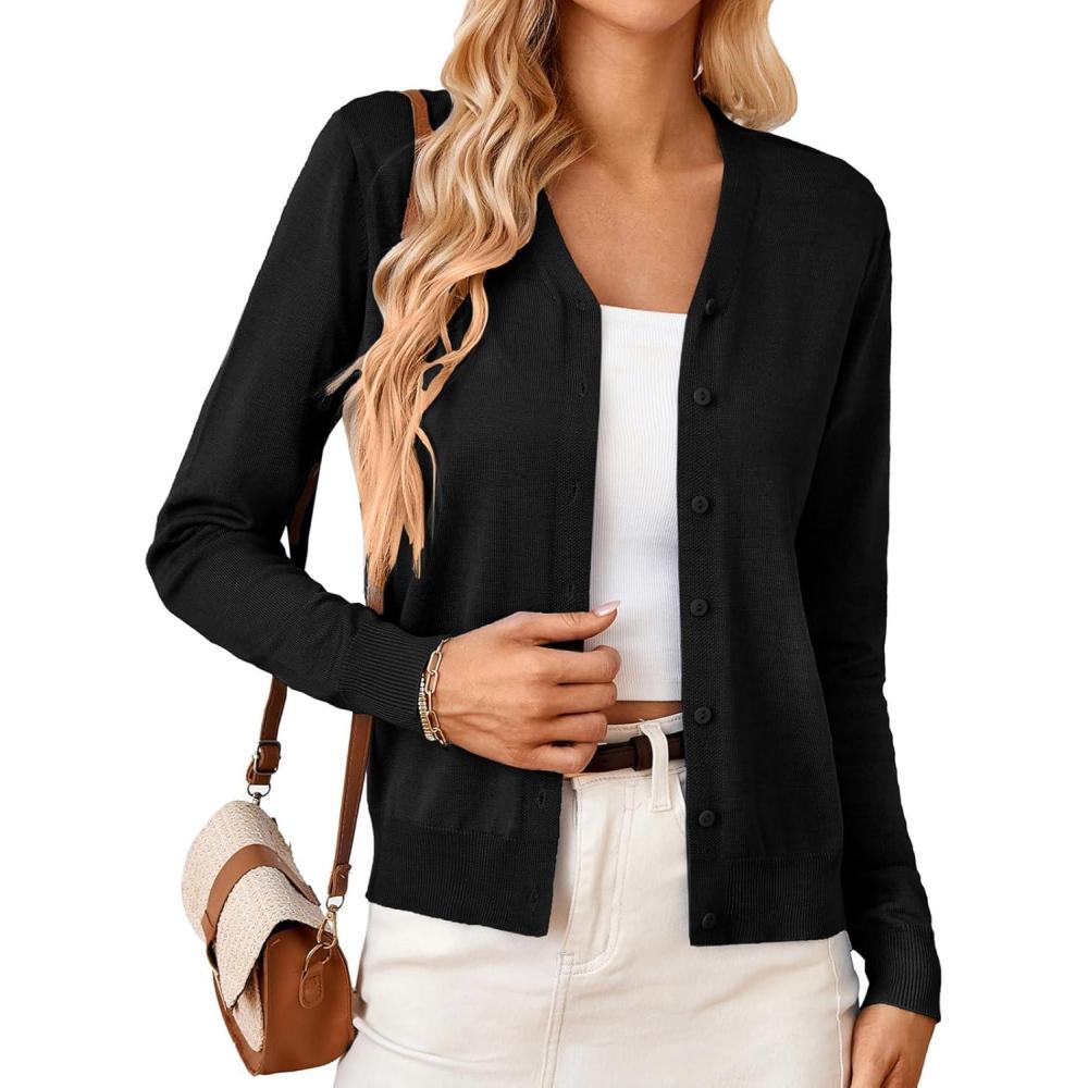 imageGRACE KARIN Womens Lightweight Cardigan Sweater Button Up Long Sleeve V Neck Sweater Jacket Open Front Casual Knit ShrugBlack