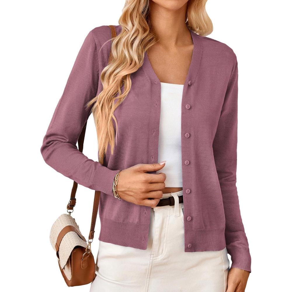 imageGRACE KARIN Womens Lightweight Cardigan Sweater Button Up Long Sleeve V Neck Sweater Jacket Open Front Casual Knit ShrugGray Pink
