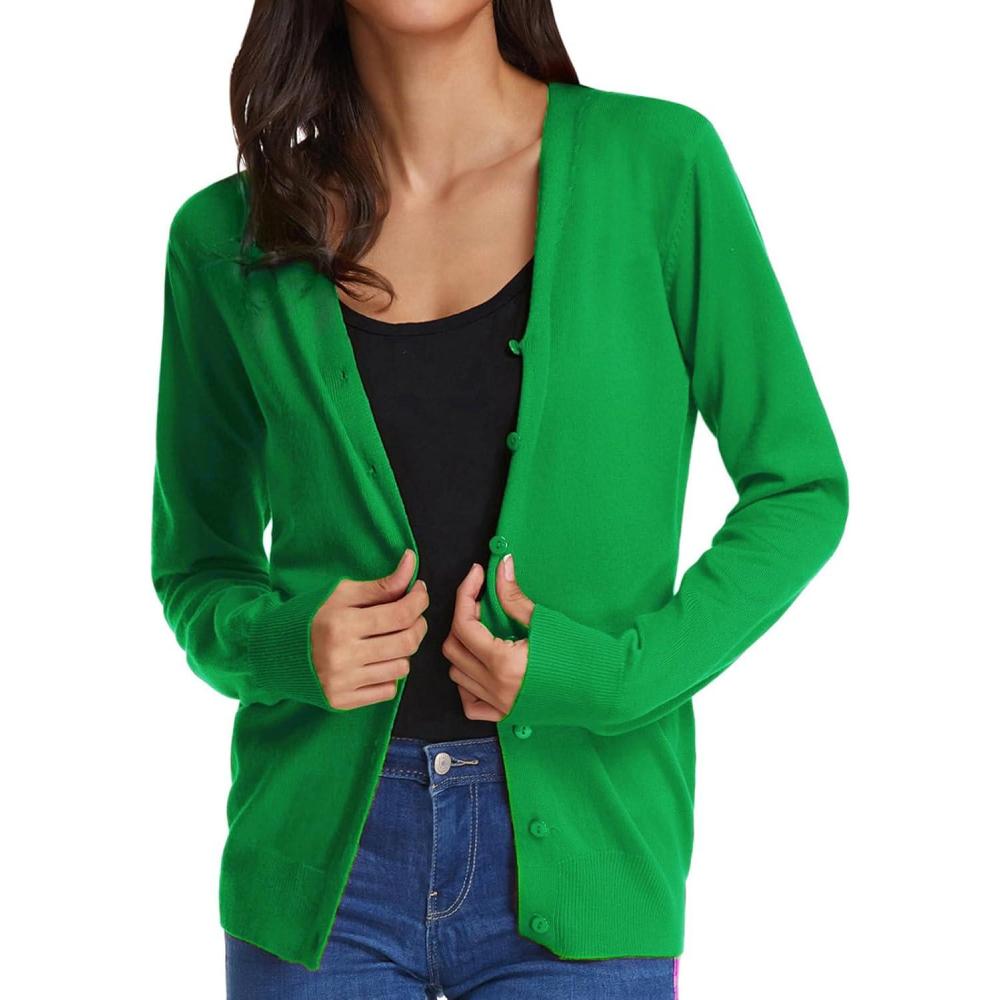imageGRACE KARIN Womens Lightweight Cardigan Sweater Button Up Long Sleeve V Neck Sweater Jacket Open Front Casual Knit ShrugGreen