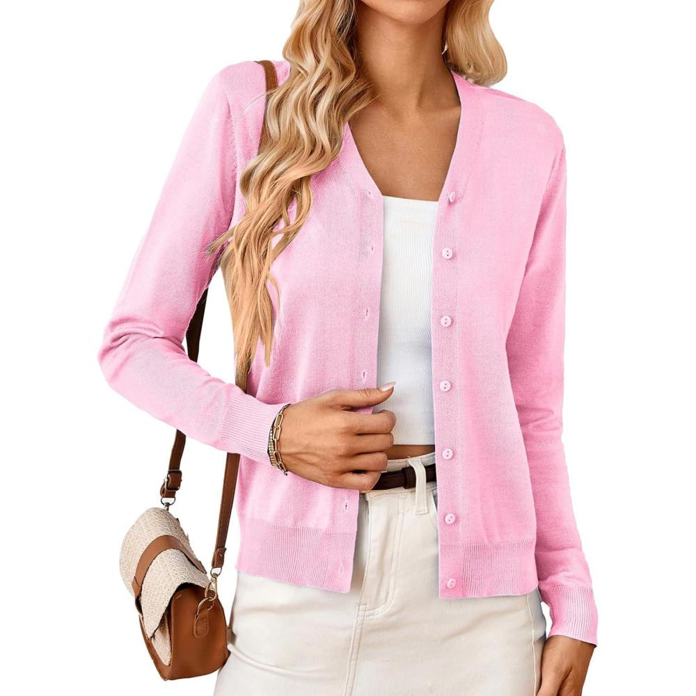 imageGRACE KARIN Womens Lightweight Cardigan Sweater Button Up Long Sleeve V Neck Sweater Jacket Open Front Casual Knit ShrugPink