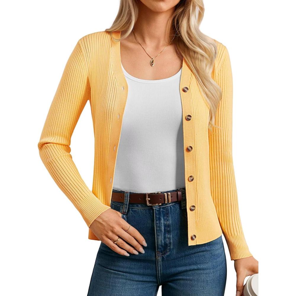 imageGRACE KARIN Womens Long Sleeve V Neck Button Up Cardigan Sweater Trendy Ribbed Knit Open Front Casual JacketMid Yellow